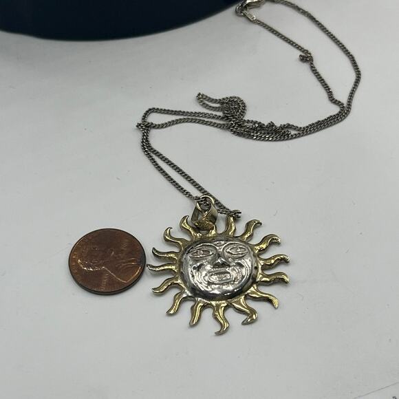 Mexico Vintage Handmade Sterling and Gold Sun Face Two Tone Pendant Necklace - Picture 4 of 13